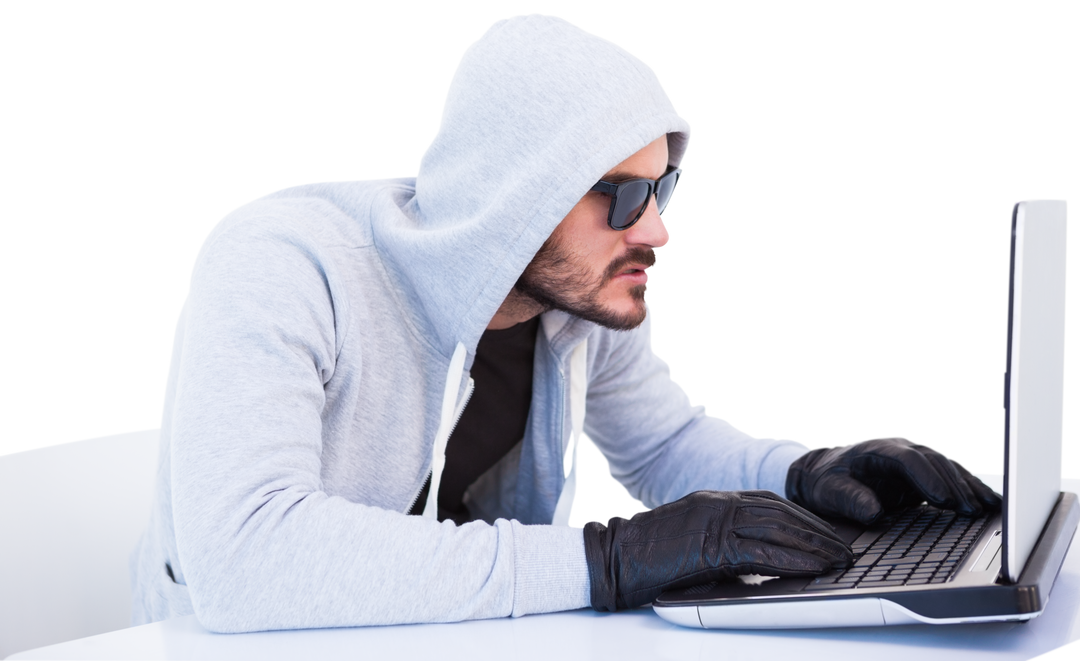 Transparent image caucasian burglar using laptop, hacker steering cyber attack laptop - Download Free Stock Images Pikwizard.com