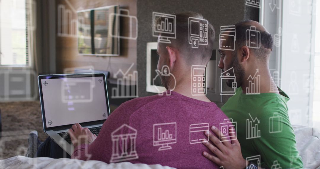 Diverse Couple Using Laptop with Virtual Interface Icons