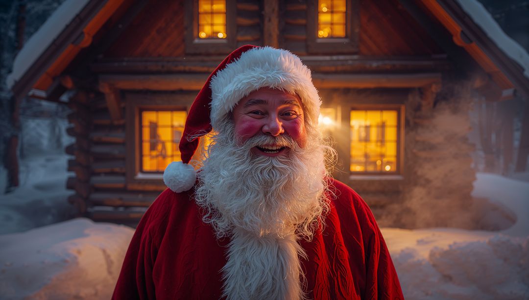 Jolly Santa Claus Standing Joyfully by a Warm Lit Cabin