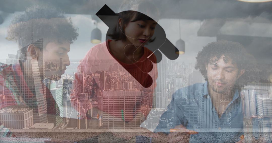 Creative Team Collaborating with Technology Icons Overlay