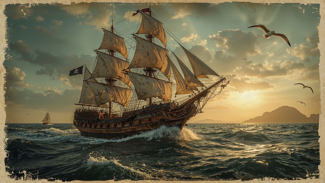 Three-Masted Pirate Ship Sailing at Sunset