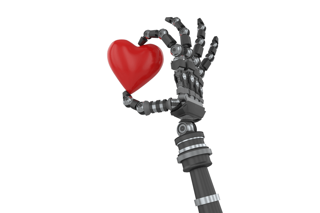 Transparent Robot Hand Holding Red Heart Shape with Metallic Details