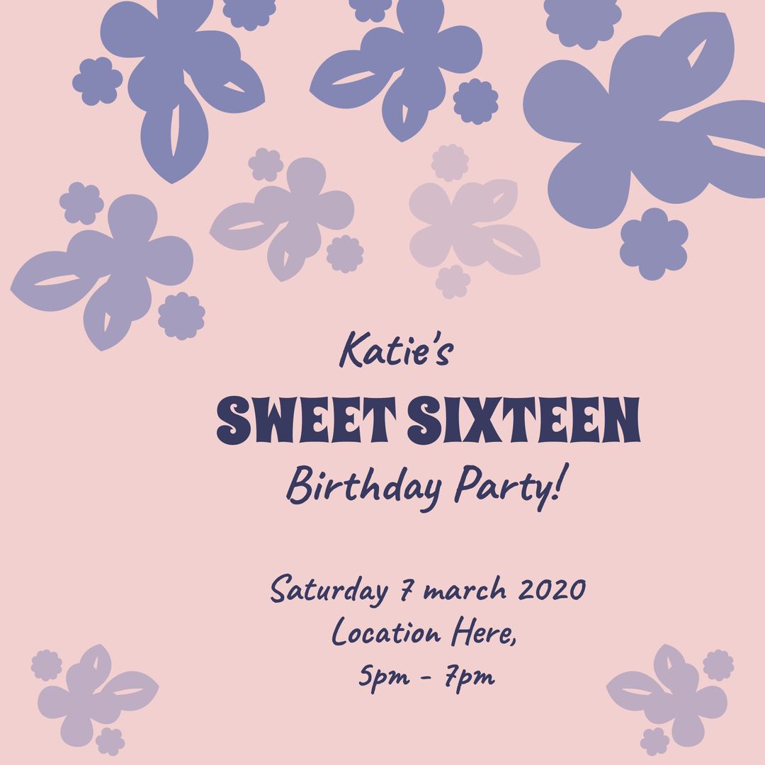 Sweet Sixteen Birthday Party Invitation with Blue Floral Design - Download Free Stock Templates Pikwizard.com