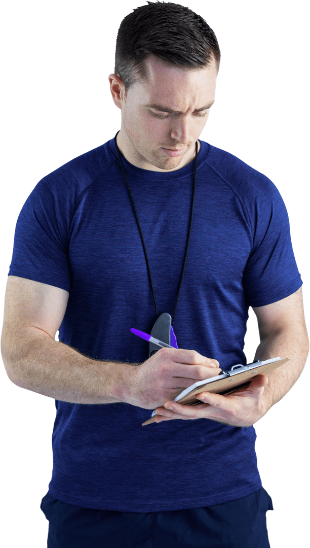 Attentive Trainer Writing on Transparent Clipboard for Fitness Plan