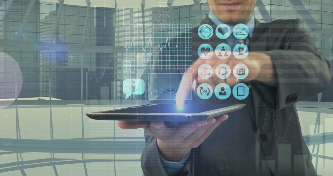 Businessman Engaging with Financial Data on Virtual Dashboard