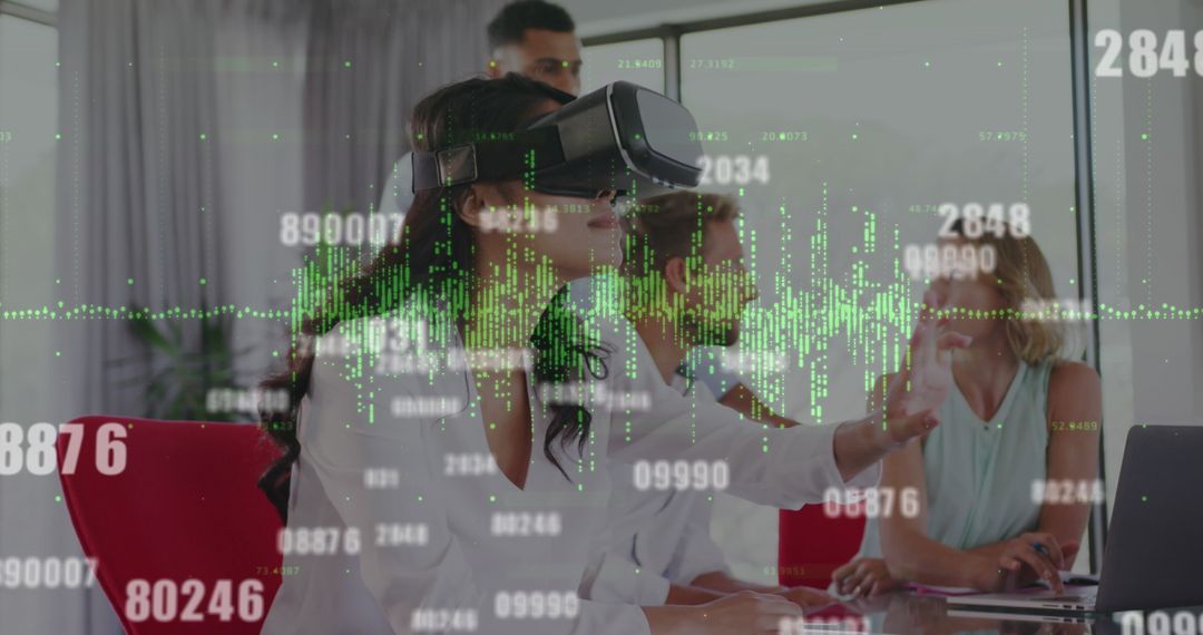 Businesswoman Using VR Headset for Data Visualization in Office
