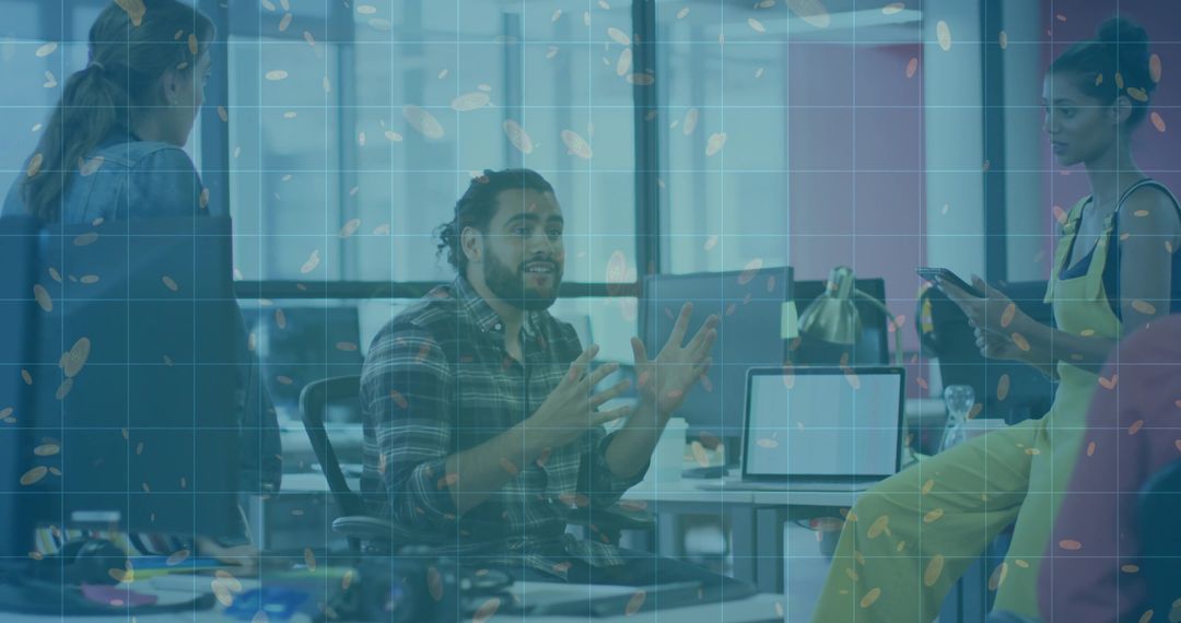 Bearded man gesturing during brainstorming meeting in modern open office workspace