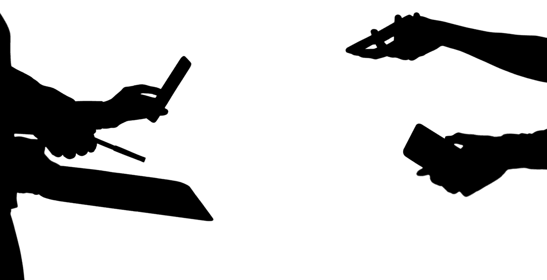 Silhouette of Hands with Digital Devices on Transparent Background