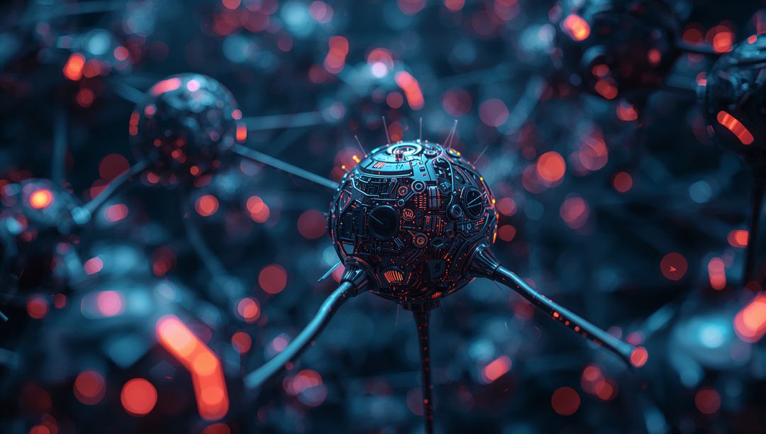 Futuristic Metallic Spheres with Glowing Lights in Network