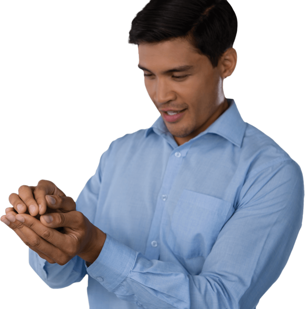 Smiling Businessman in Blue Shirt Gesturing on Transparent Background