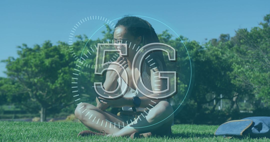 Woman Using Smartphone with 5G Technology in Park
