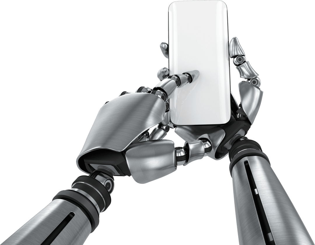Robot Hands Holding Smartphone with Copy Space on Transparent Background