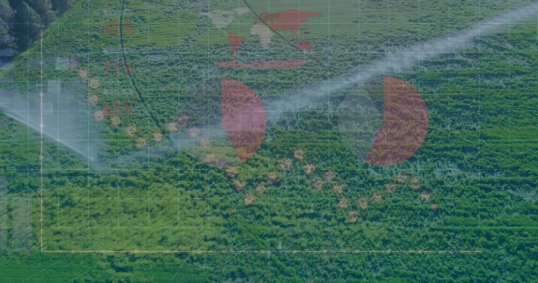 Smart Farming: Precision Sprinkler System Over Crop Field With Data Overlay