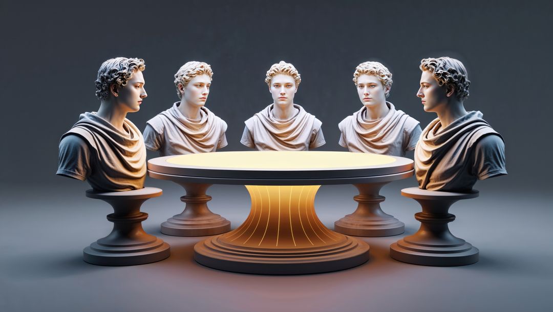 Five classical busts encircling glowing pedestal table in studio, talking heads concept