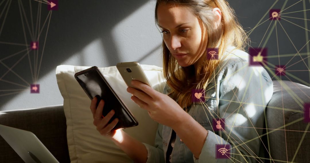 Woman Engaged with Smartphone and Tablet Illustrating Internet Connection