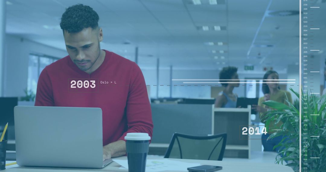 Diverse Team Working in Modern Office with Digital Timeline Overlay
