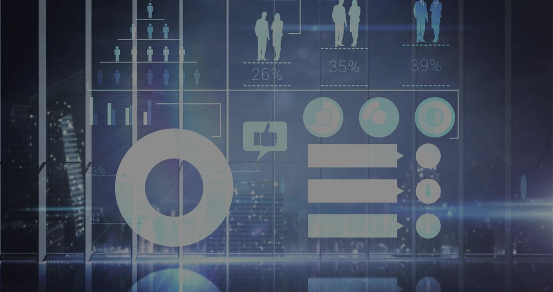 Projecting Transparent Data Dashboard on Highrise Office Glass Overlooking Night Cityscape