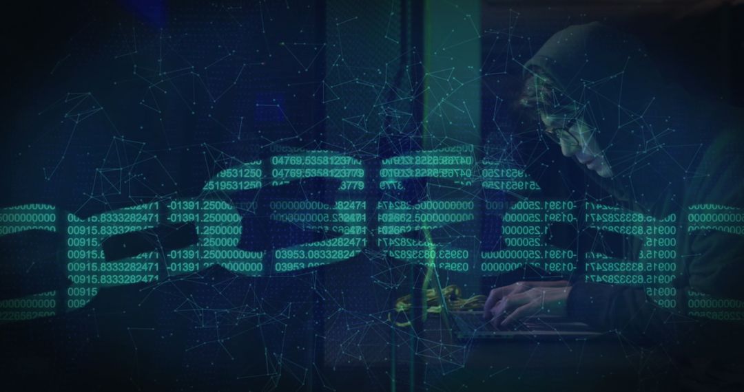 Hacker in Background with Digital Data Stream Overlay