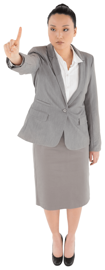 Serious Asian Businesswoman Pointing Upward on Transparent Background
