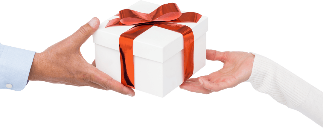 Transparent Gift Box with Red Ribbon Held by Two Hands