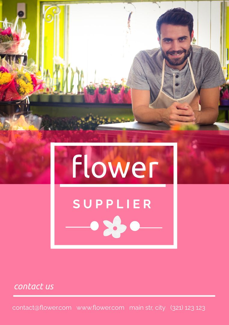 Happy Florist Leaning on Counter Surrounded by Vibrant Fresh Flowers - Download Free Stock Templates Pikwizard.com