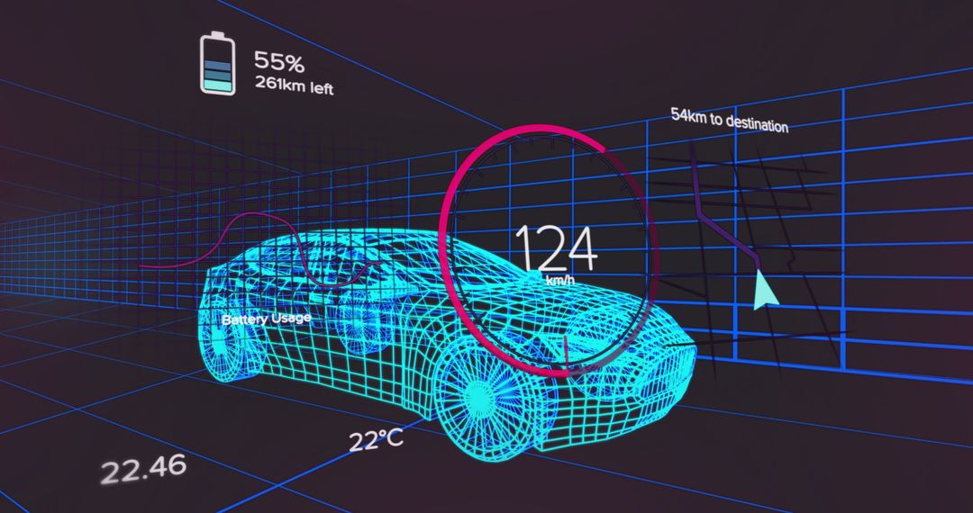 Futuristic 3D Wireframe Cyber Sports Car with Enhanced HUD Interface