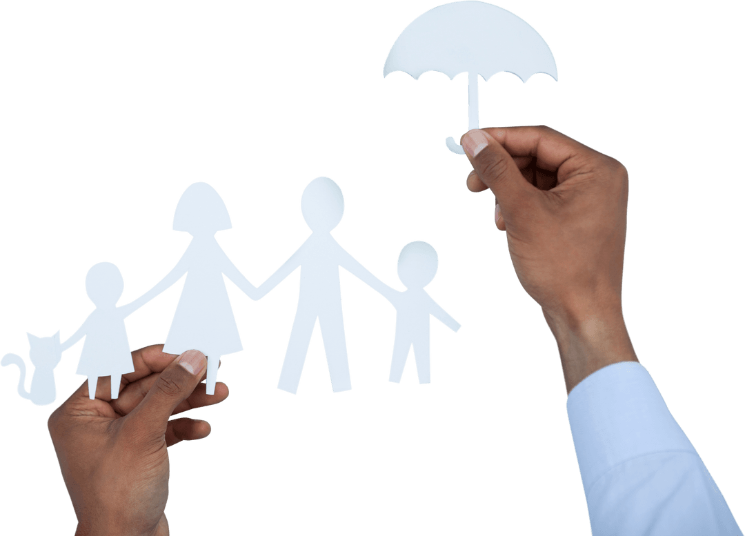 Protective Hands Holding Transparent Paper Family and Umbrella