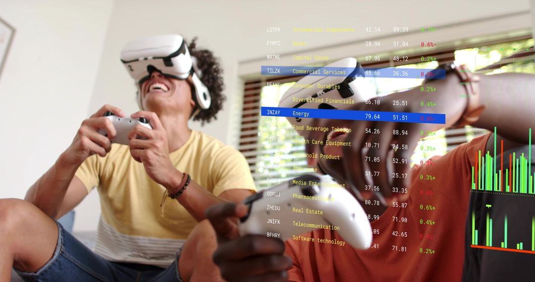 Playing virtual reality games with finance HUD overlay on living room sofa with friends
