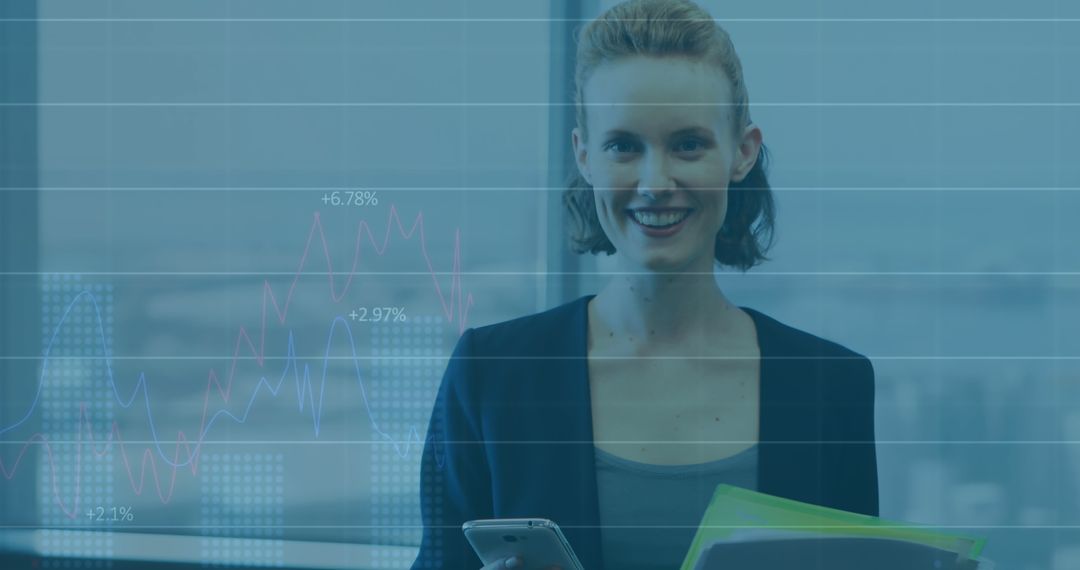 Smiling Businesswoman Engaging with Financial Technology