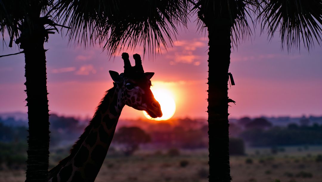 Giraffe silhouetted between palm trees at sunset on african savanna
