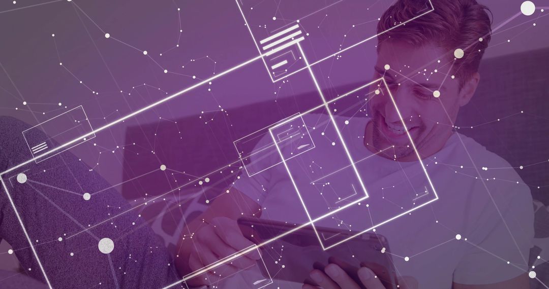 Man Using Tablet with Futuristic Digital Interface at Home