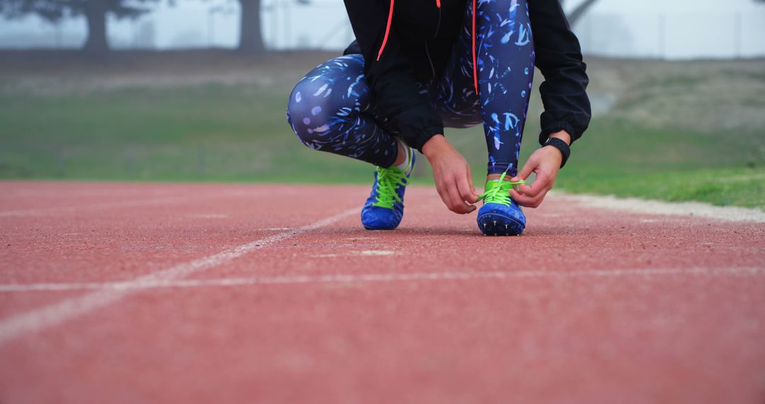 Female Athlete Tying Shoelaces on Running Track Preparation