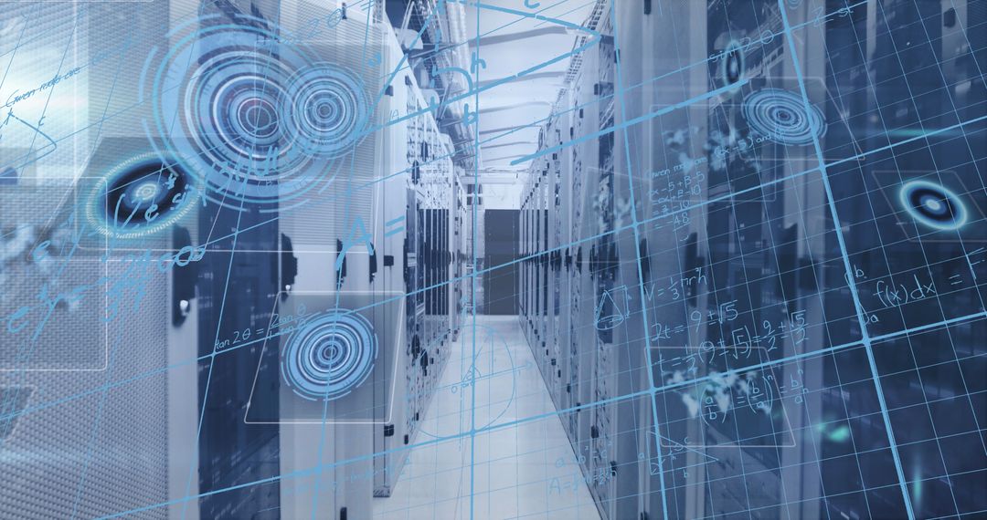 Digital Interface Overlaying Modern Server Room Environment