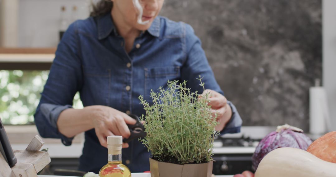 Woman Pruning Herb Plant in Modern Kitchen - Free Images, Stock Photos and Pictures on Pikwizard.com