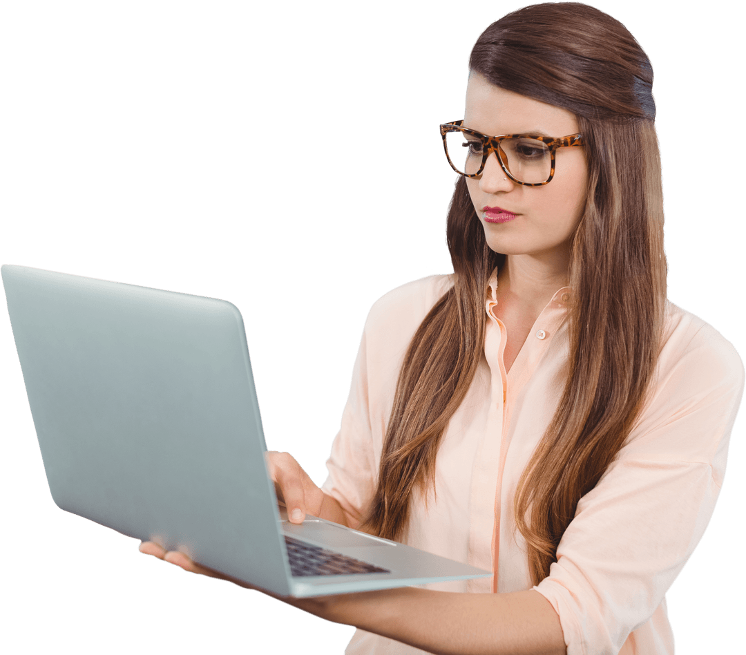 Transparent Background Young Woman Enjoying Laptop Technology
