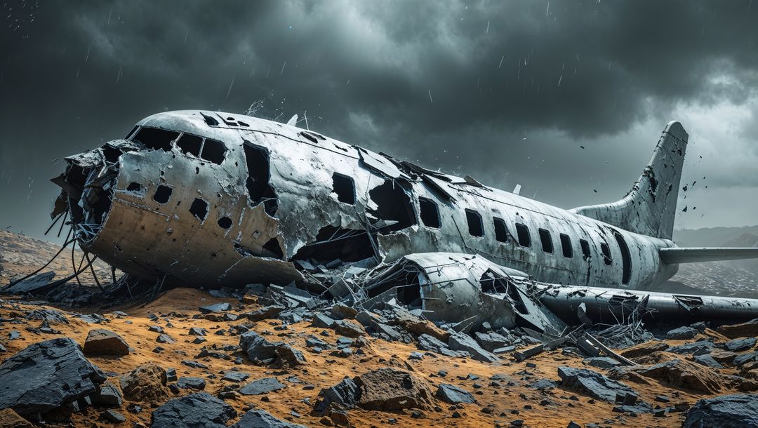 Abandoned plane crash wreckage on rugged desert terrain