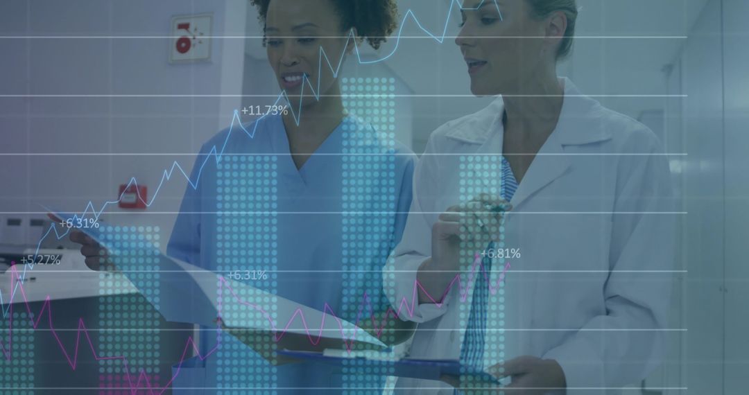 Healthcare Professionals Analyzing Data with Chart Overlay in Hospital Corridor