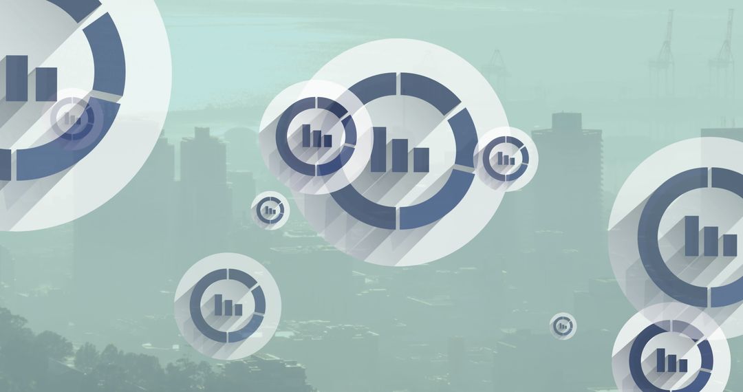 Floating Graph Icons Over Cityscape Representing Data and Technology