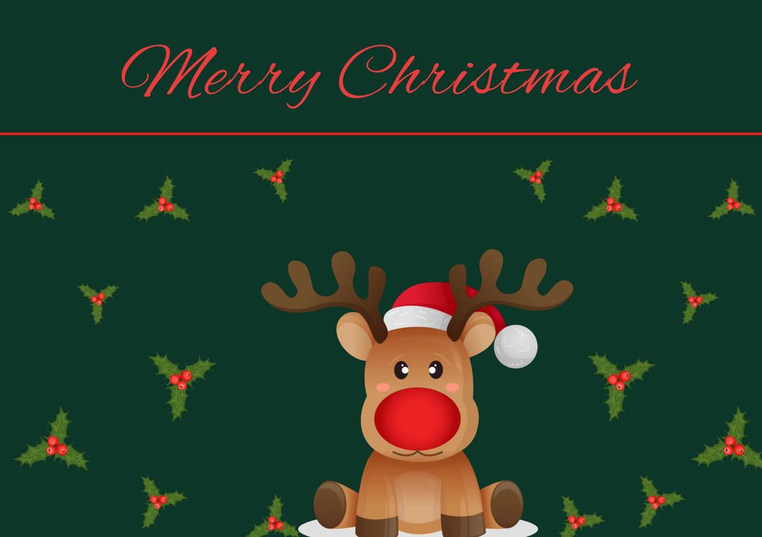 Cute Christmas Reindeer with Santa Hat on Festive Background