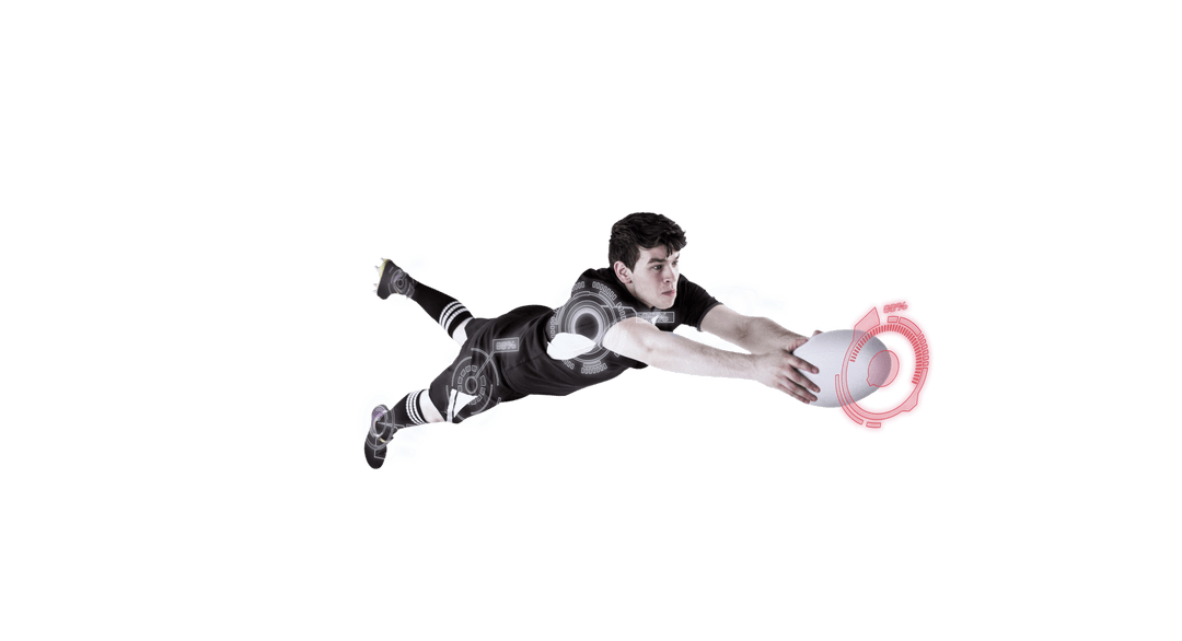 Caucasian Man Diving to Catch Rugby Ball on Transparent Background
