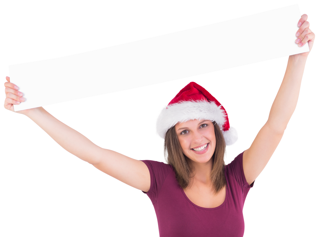 Smiling Girl in Santa Hat Holding Transparent Sign for Christmas Advertisements - Download Free Stock Images Pikwizard.com