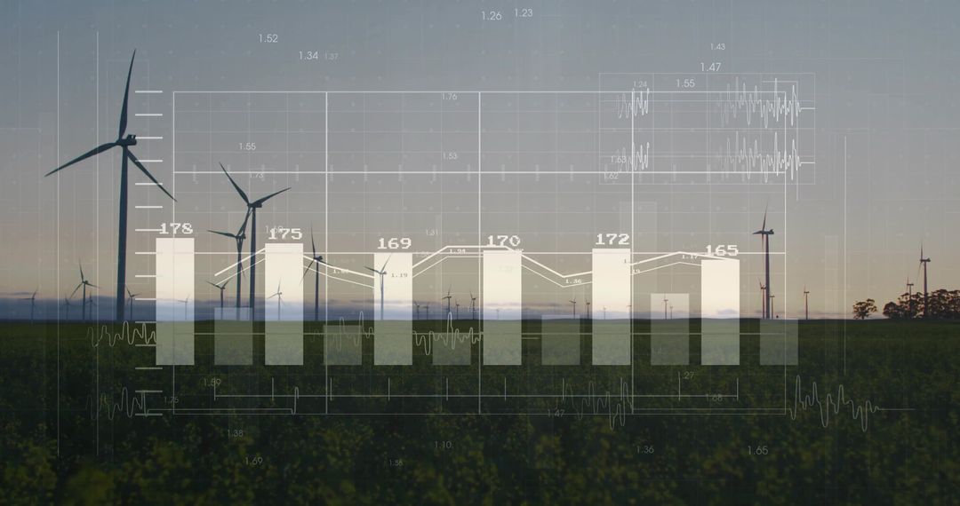 Wind Energy Statistics Over Green Farmland with Data Overlay