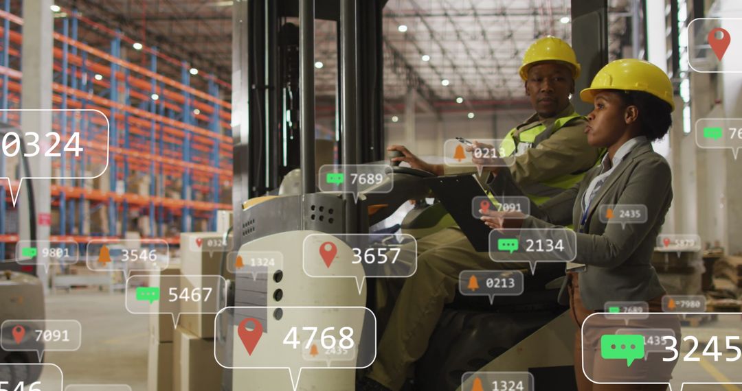 Engineers in Warehouse Analyzing Social Media Data with Digital Interface