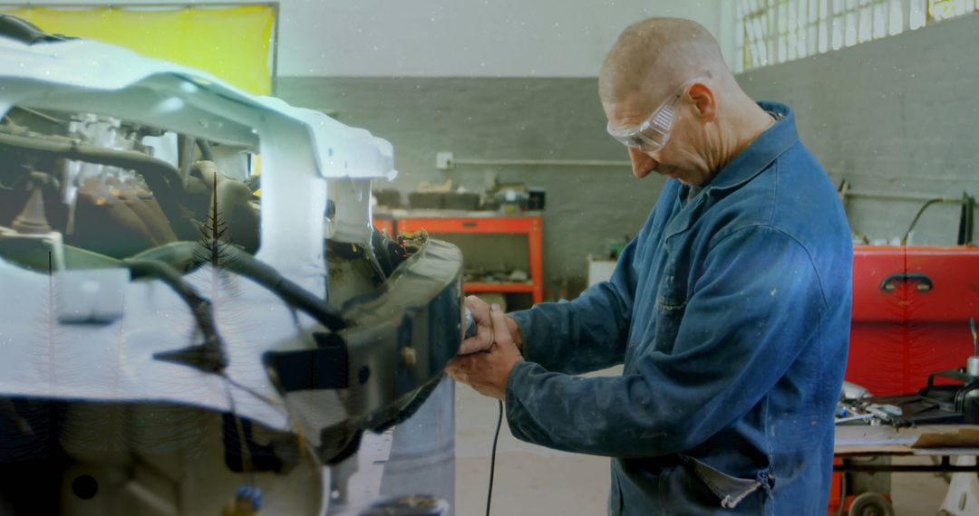 Mechanic Grinding Car Front-End in Workshop
