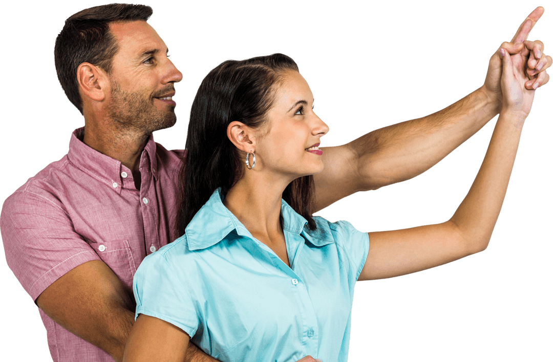 Smiling Couple in Casual Outfits Pointing Forward on Transparent Background