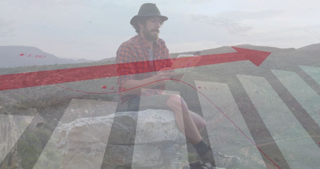Financial Data Overlay on Man Navigating with Map in Mountains