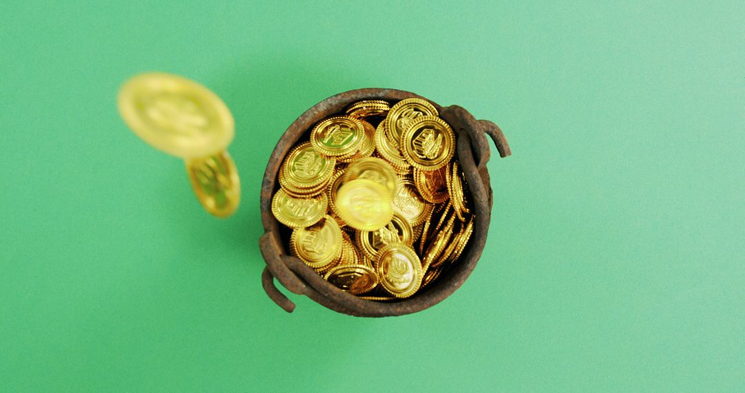 Rustic Pot of Gold Coins on Green Background - Free Images, Stock Photos and Pictures on Pikwizard.com