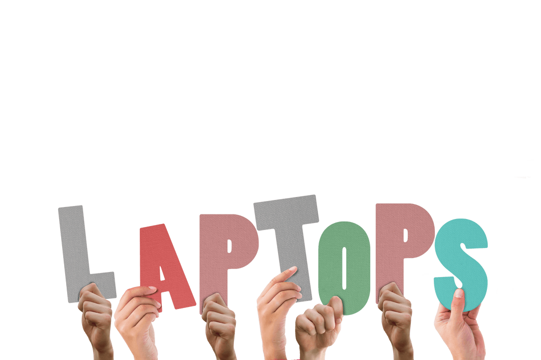 Hands Raising Colorful Letters Spelling 'Laptops' on Transparent Background