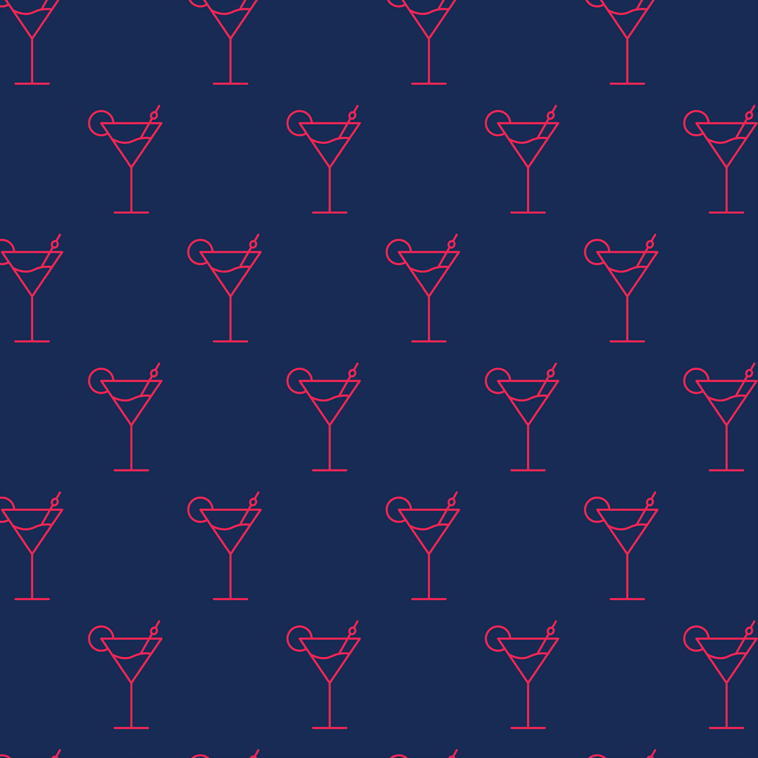 Transparent Seamless Cocktail Glass Pattern on Dark Blue Background