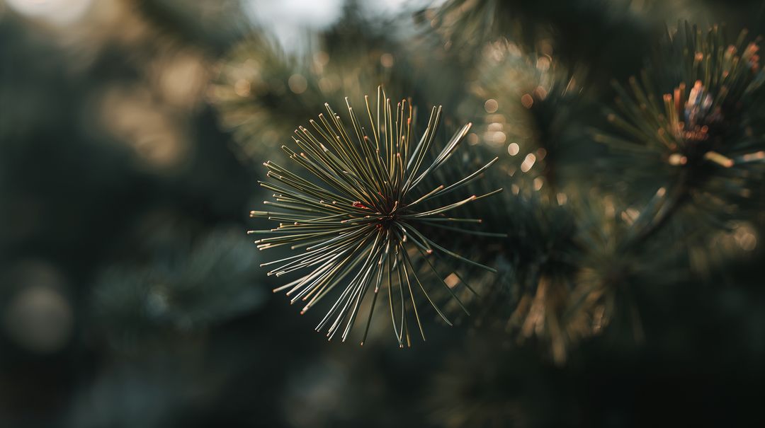 Sunlit Pine Needle Burst Radiating from Central Bud with Creamy Bokeh Background